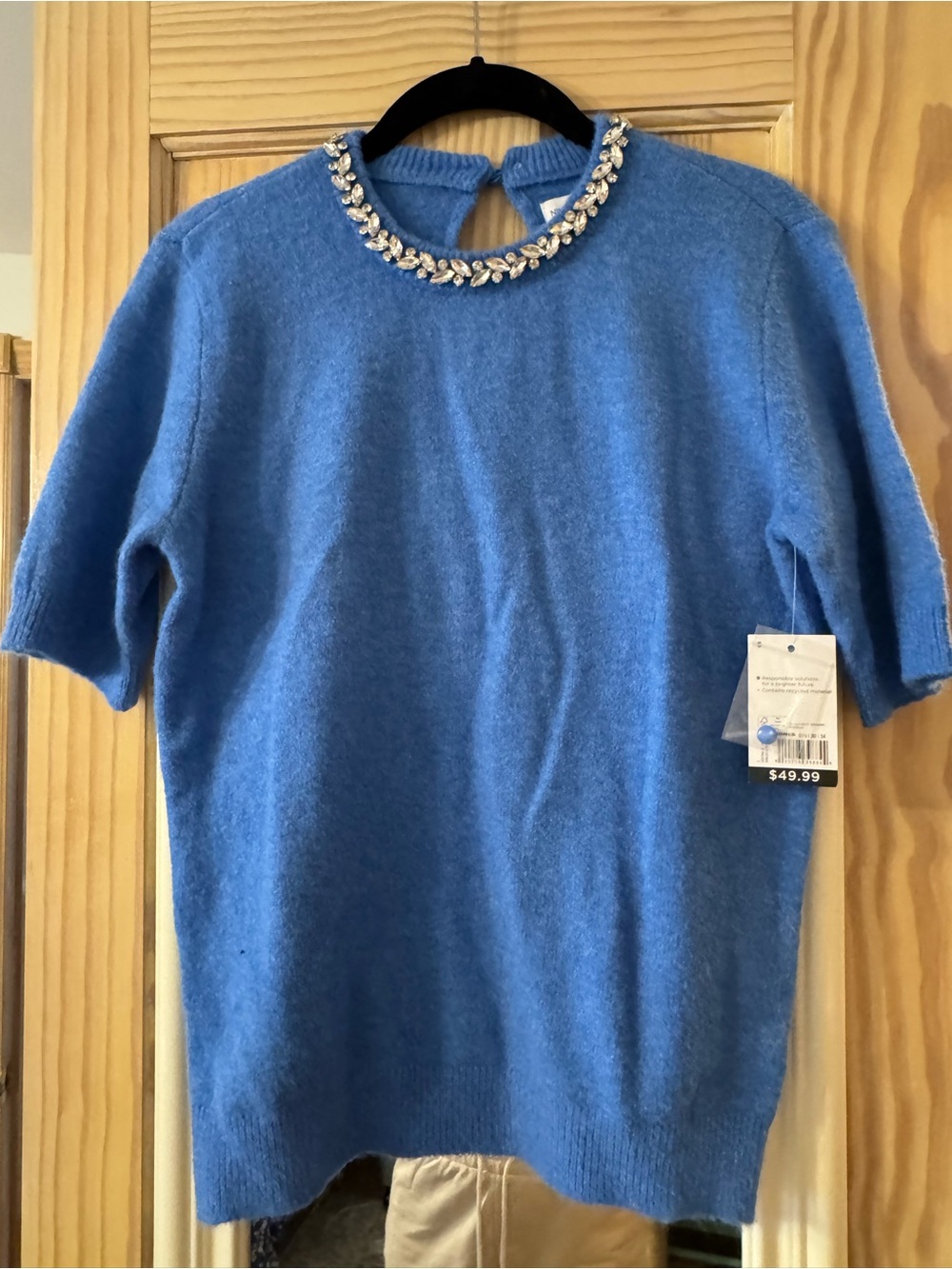 Nine West Blue Jeweled Neck Short Sleeve Sweater